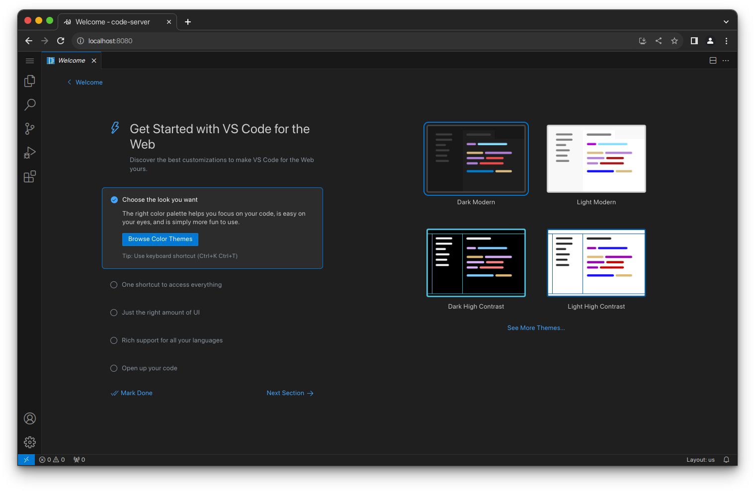 code-server example screenshot, this shows the homepage upon install