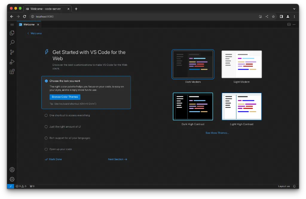 code-server example screenshot, this shows the homepage upon install
